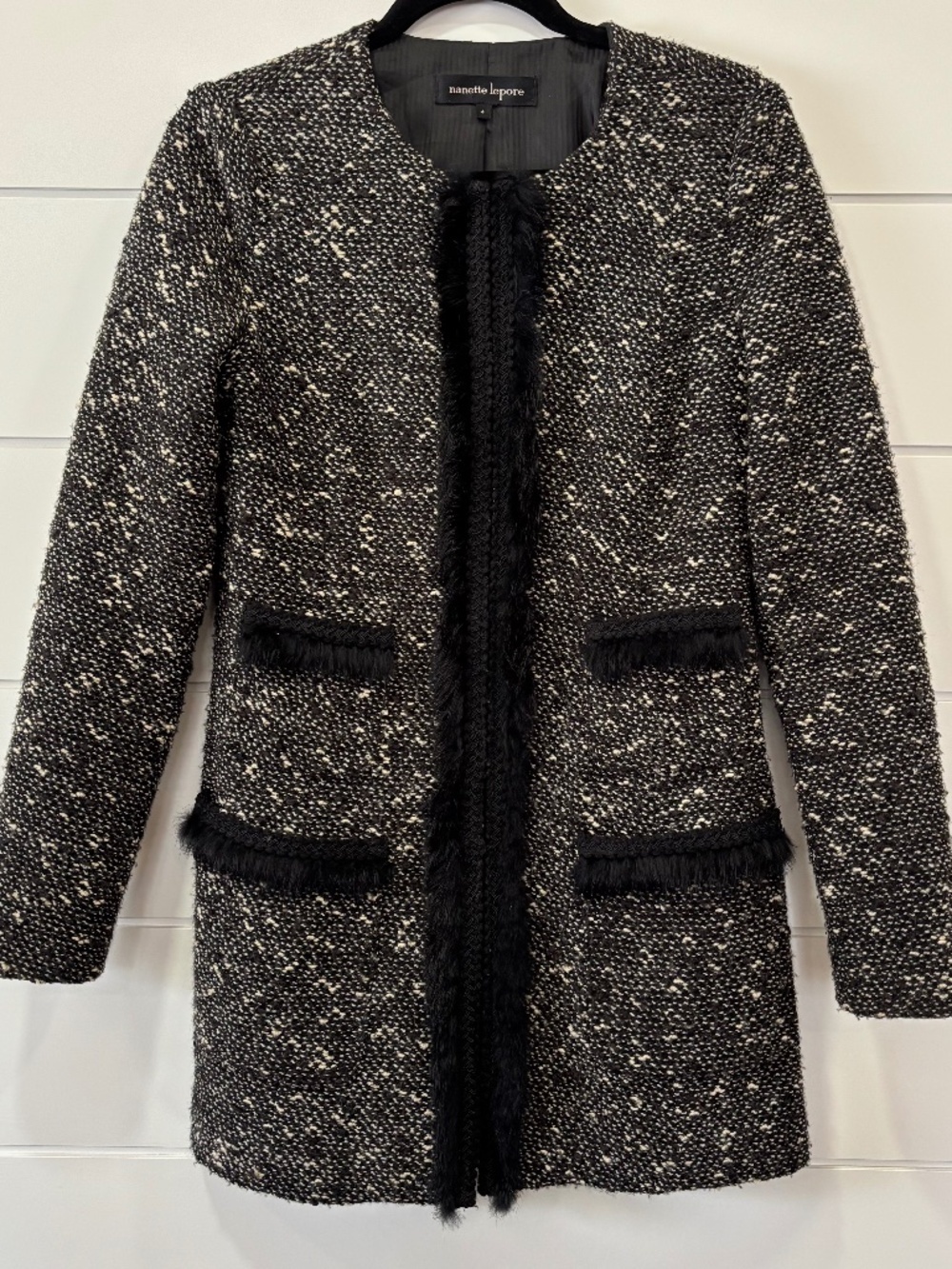 Nanette Lapore wool blend tweed jacket real rabbit fur trim made in USA size 4